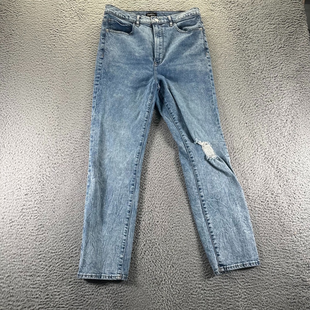 Express Jeans Womens 10 Blue Cotton Denim Straight Slim Fit Distressed High Rise